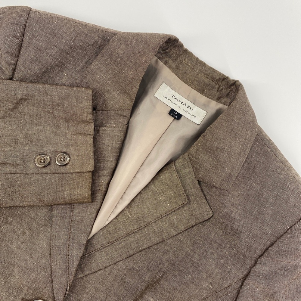 Tahari Blazer Womens 14 Brown Linen Blend 2 Button Suit Jacket Professional